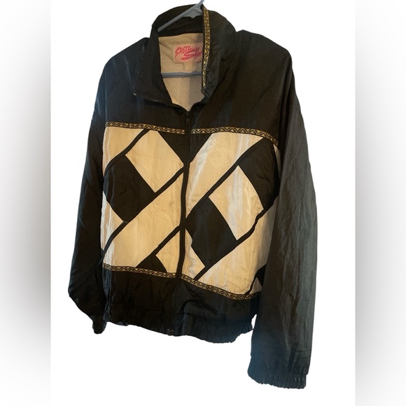 VTG 80s Shell Shock Nylon Windbreaker Run DMC Hip Hop Black Gold Colorblock L/XL - Picture 2 of 6